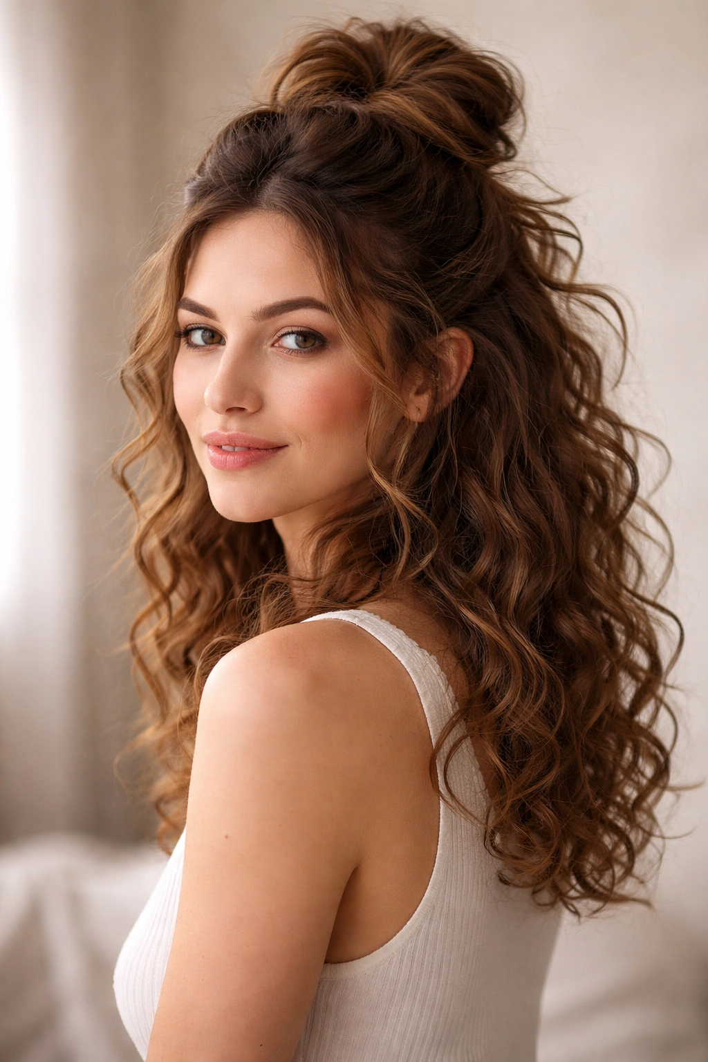Portrait of a person with a tousled half-up bun and loose curls below