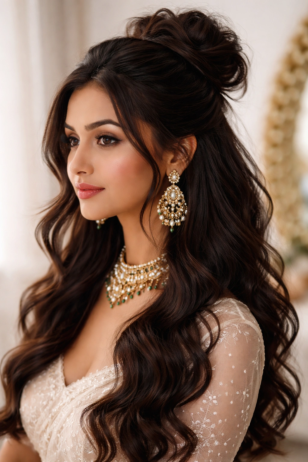 Half-up messy bun with lightweight elegance and loose waves