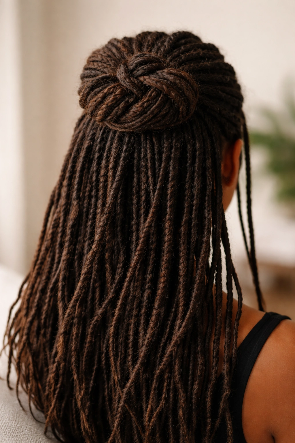Close-up of half-up bun with interlocked locs at crown, showcasing texture