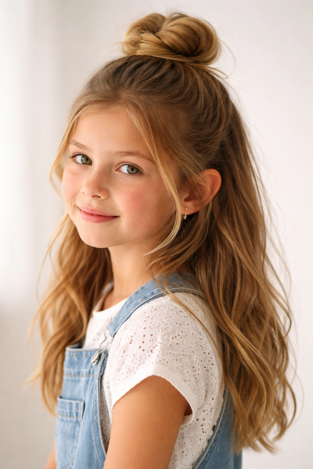 Half-up messy bun with top knot and loose hair