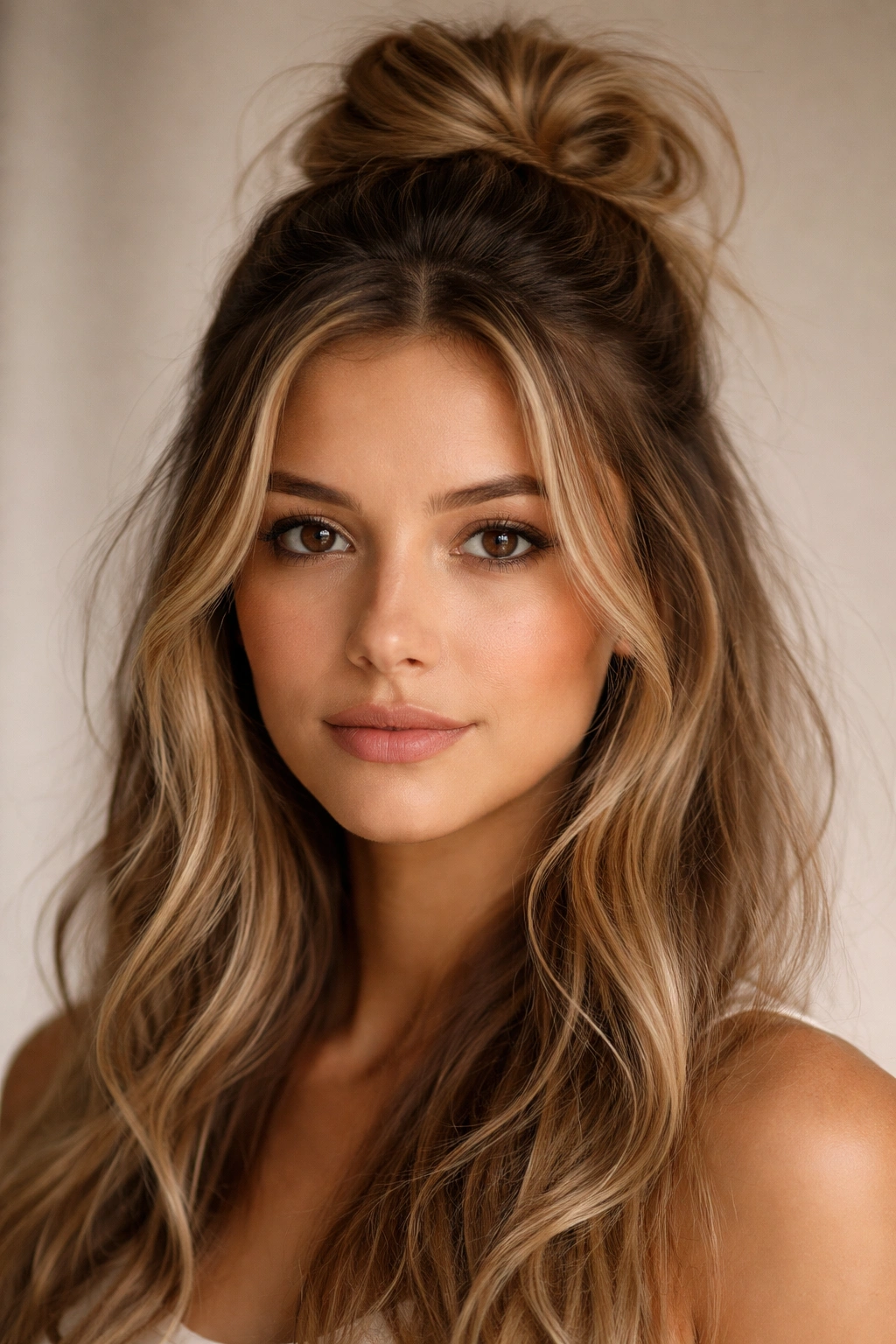 Close-up of a half-up messy bun with loose strands framing the face