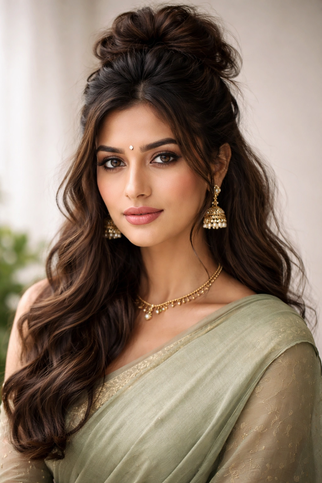 Half-up half-down messy bun with saree hairstyle