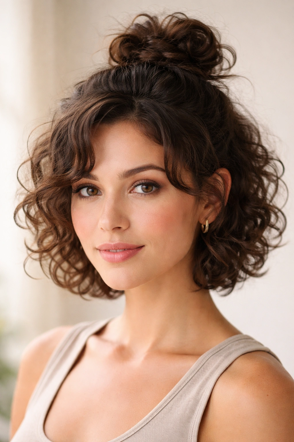 Close-up of short curly hair in a loose half-up bun with curls framing the face