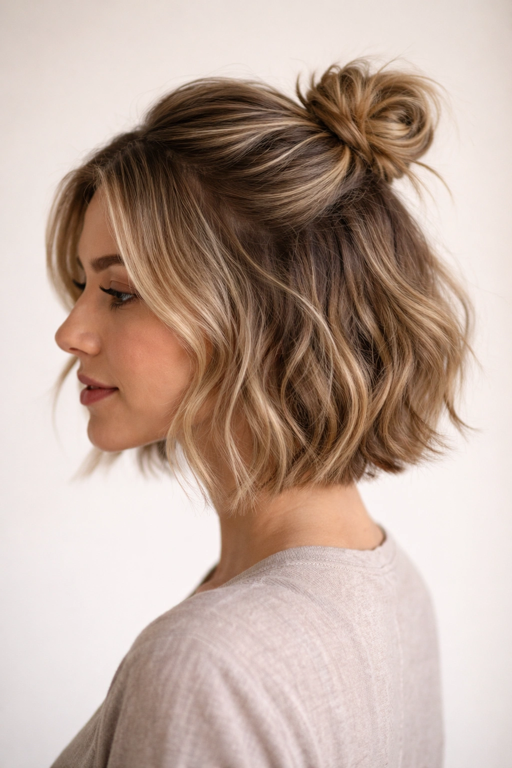 Half-up messy bun on short hair with top twisted section