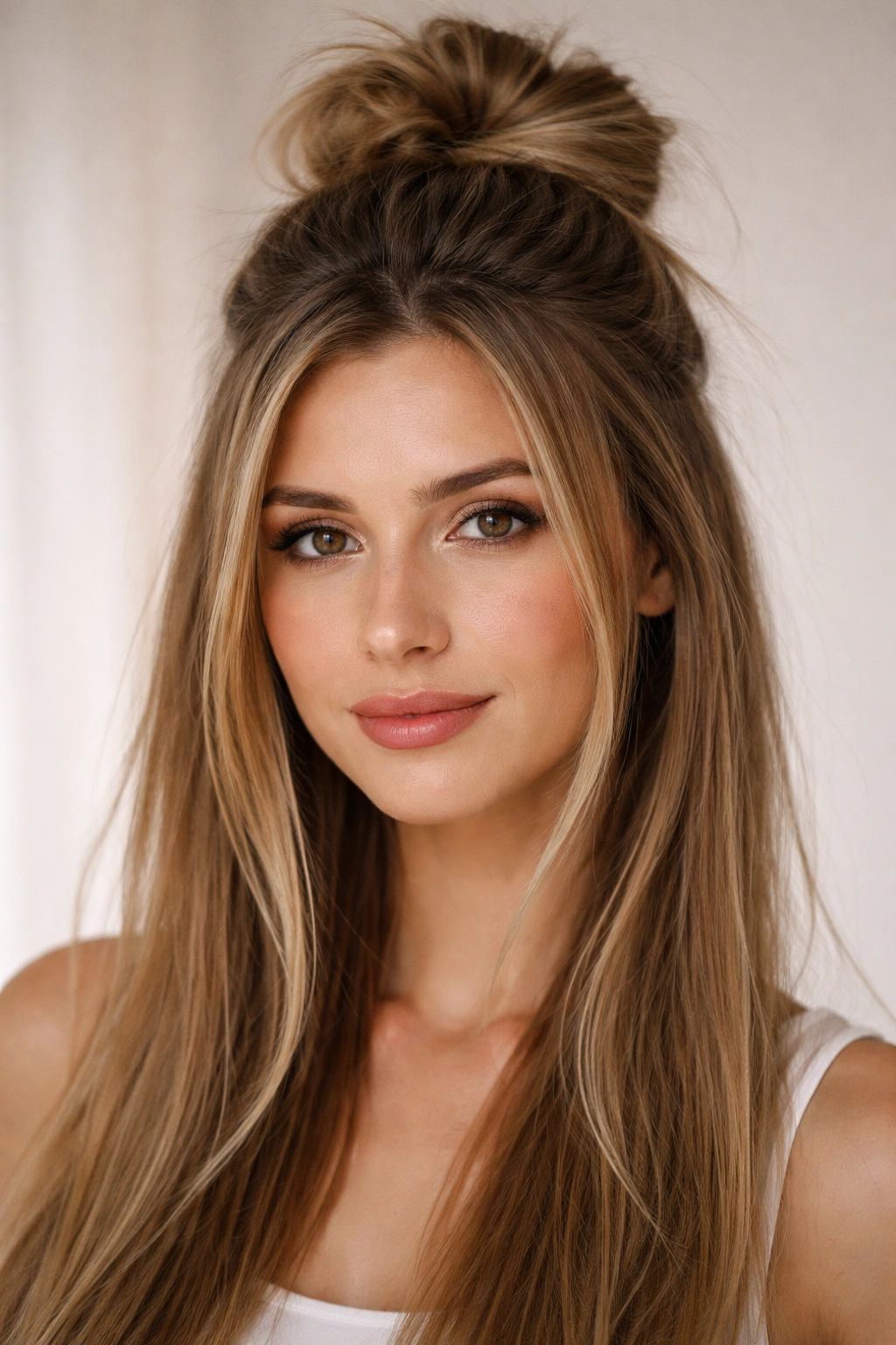 Close-up of a half-up messy bun on straight hair with face-framing strands in a studio setting