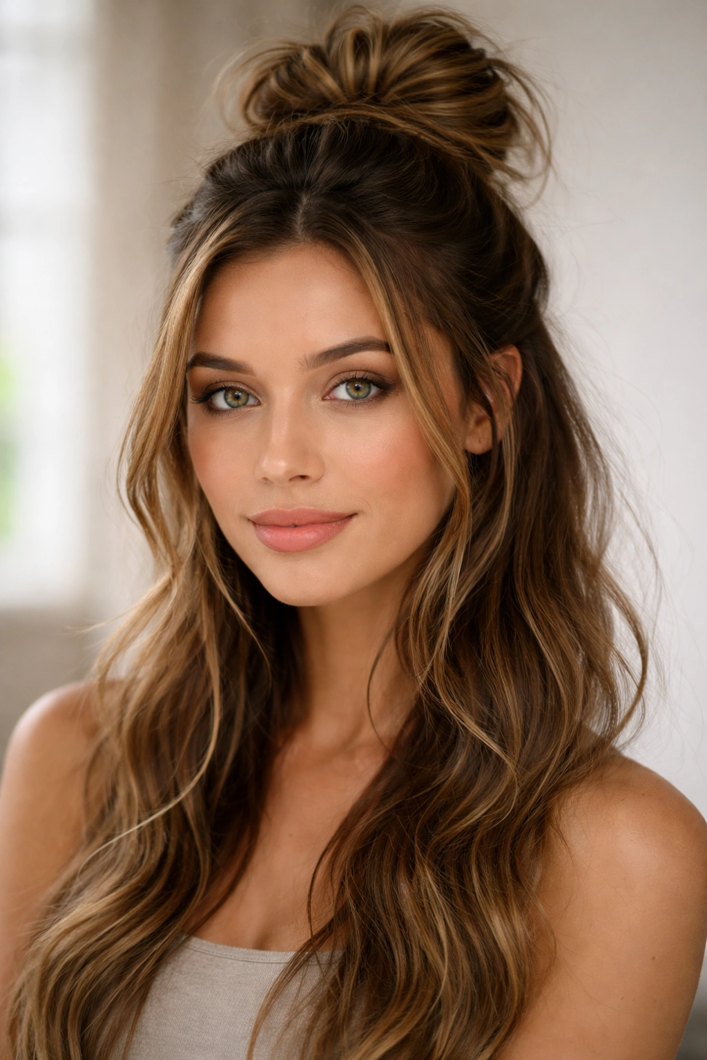 Close-up of The Half-Up, Half-Down Messy Bun with textured bun and loose waves