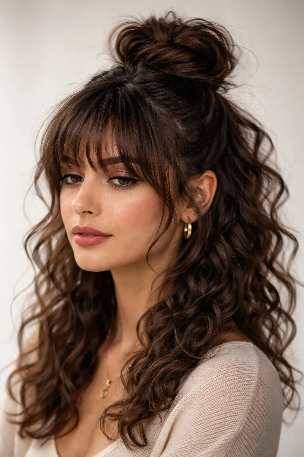Half-up twisted bun with choppy bangs on curly hair