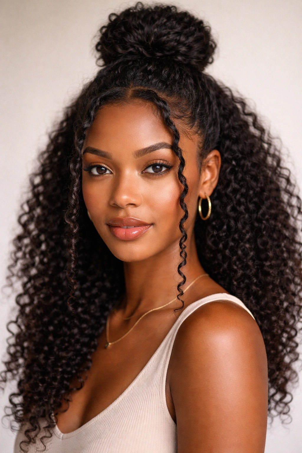 Close-up of half-up bun with twisted front details on natural curls