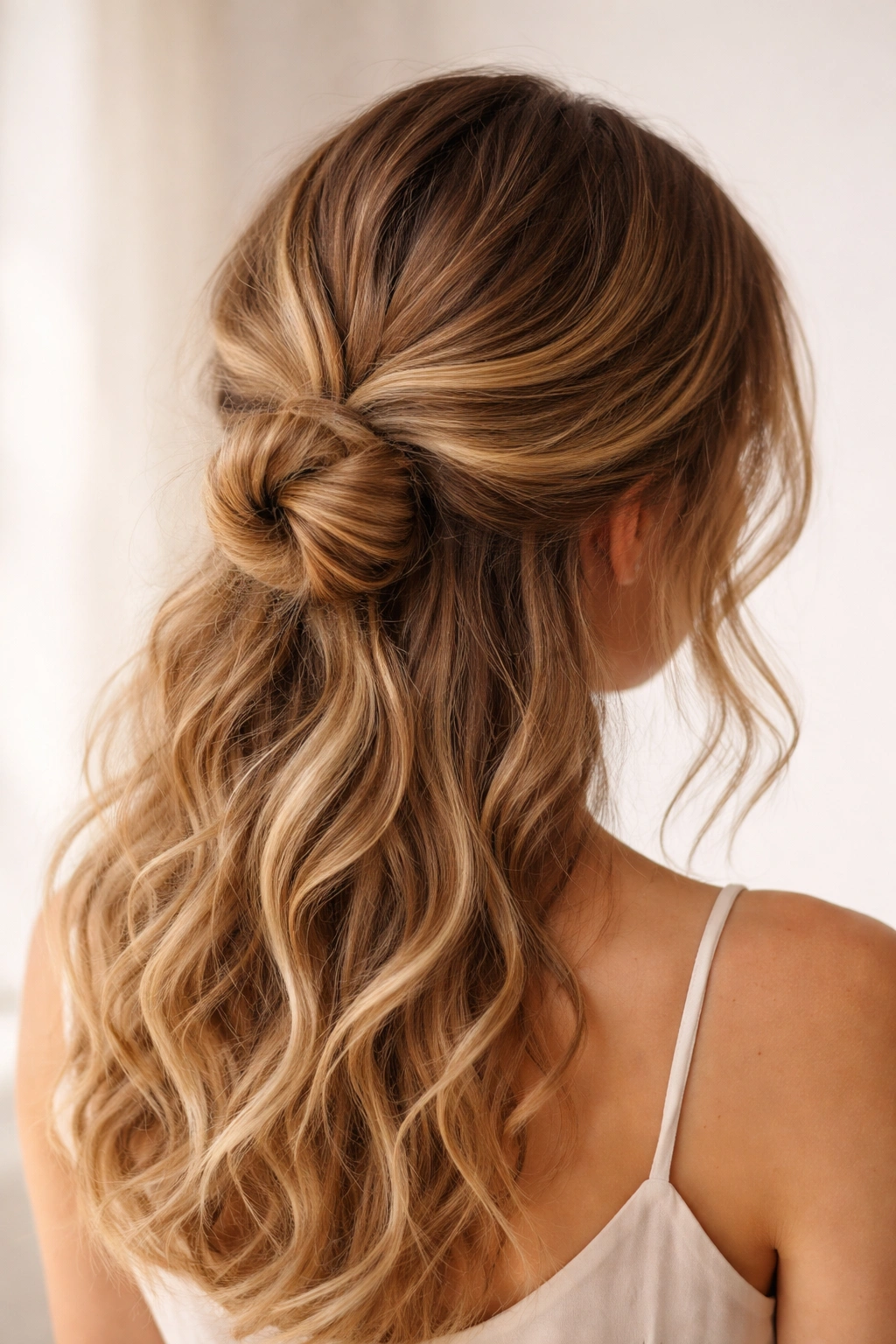 Half-up half-down bun showing bottom bun and flowing waves on top