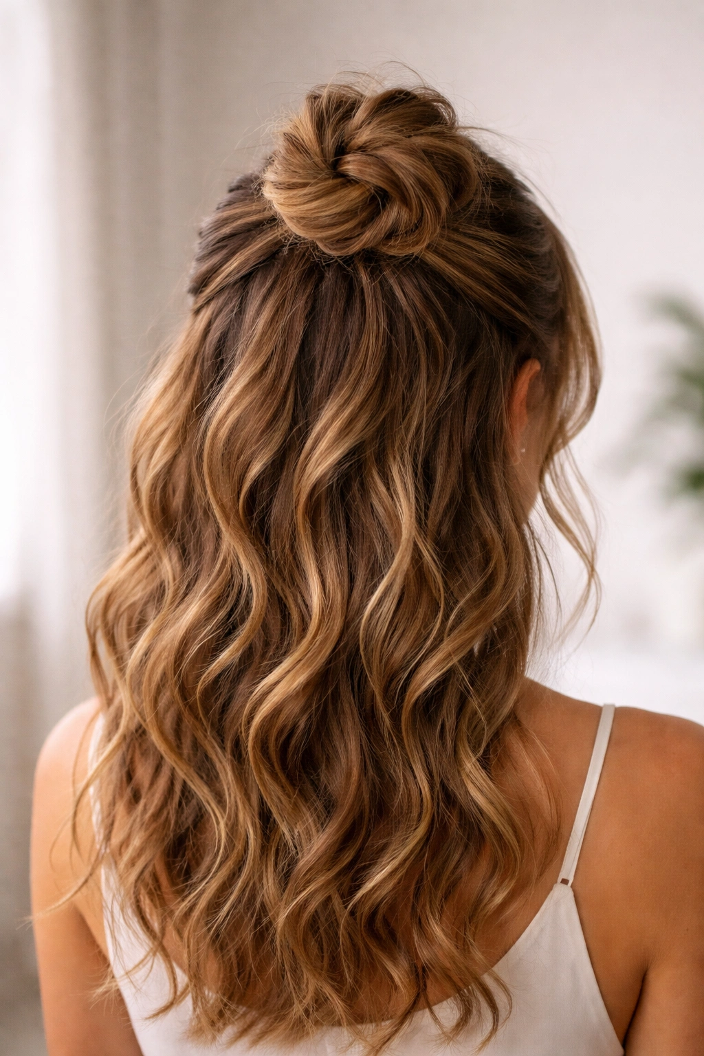 Half-up bun with waves cascading below in soft studio light