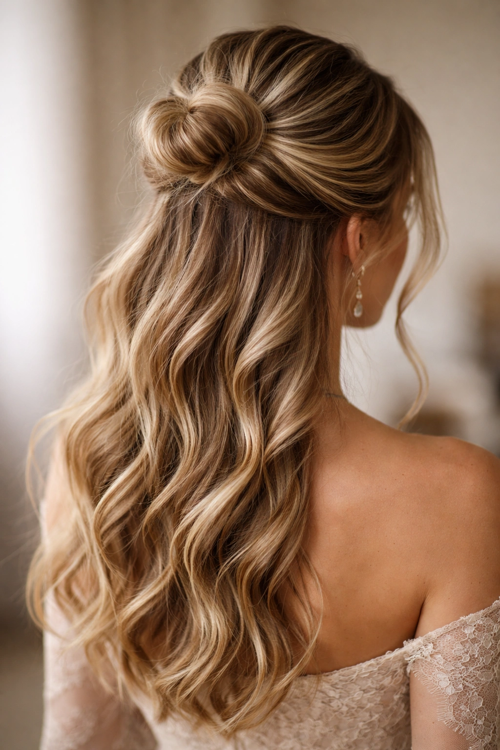 Half-up bun at crown with flowing lower hair in soft waves.