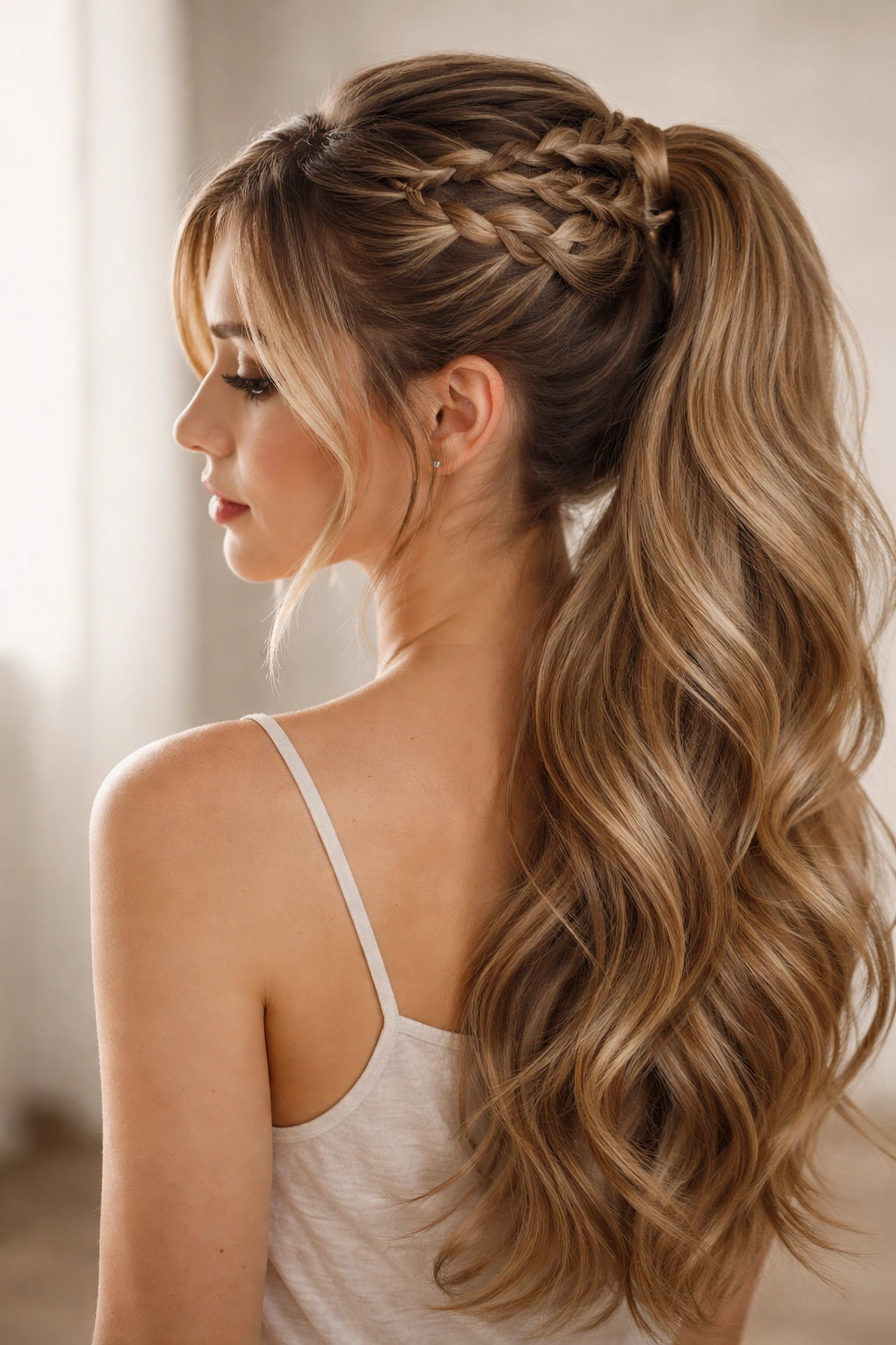 Half-up butterfly braid ponytail with braided crown and flowing bottom hair