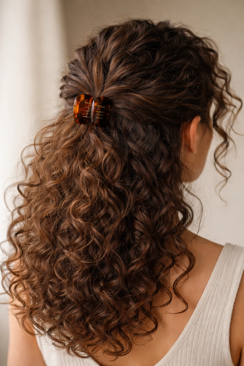 Close-up of half-up curly hairstyle with a medium claw clip at the nape