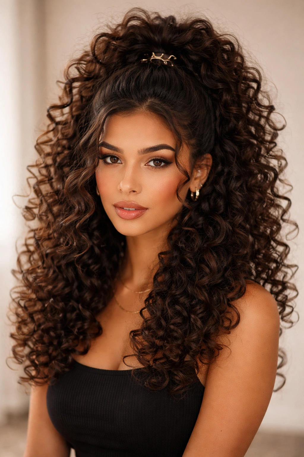 Model with voluminous half-up hairstyle and visible clip, curled texture