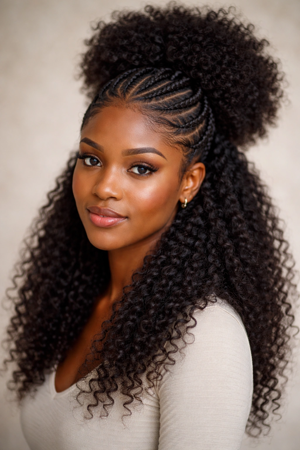 Half-Up Half-Down hairstyle with cornrow crown and loose bottom hair