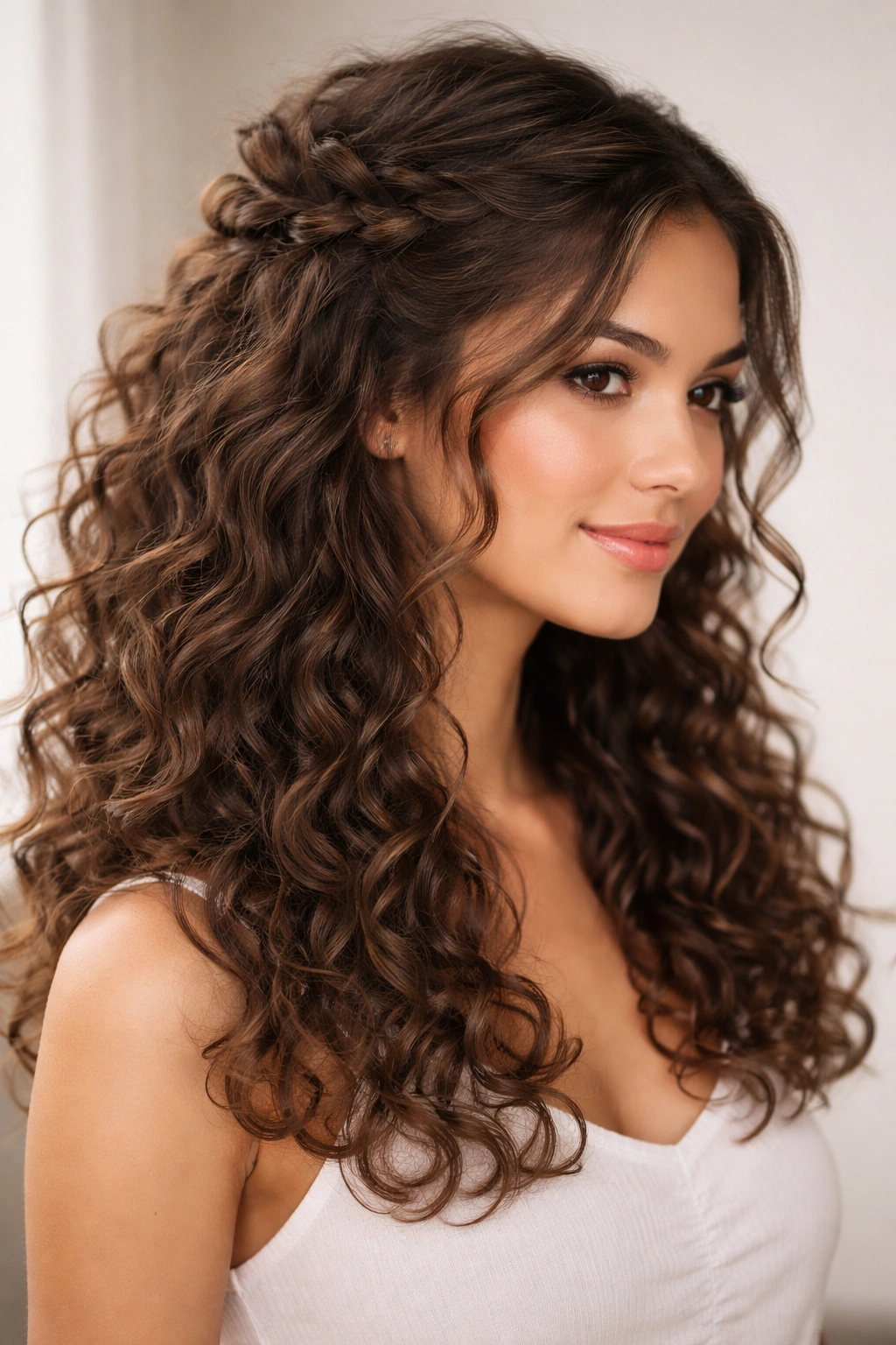 Half-up crown hairstyle on 2c curls with layered bottom