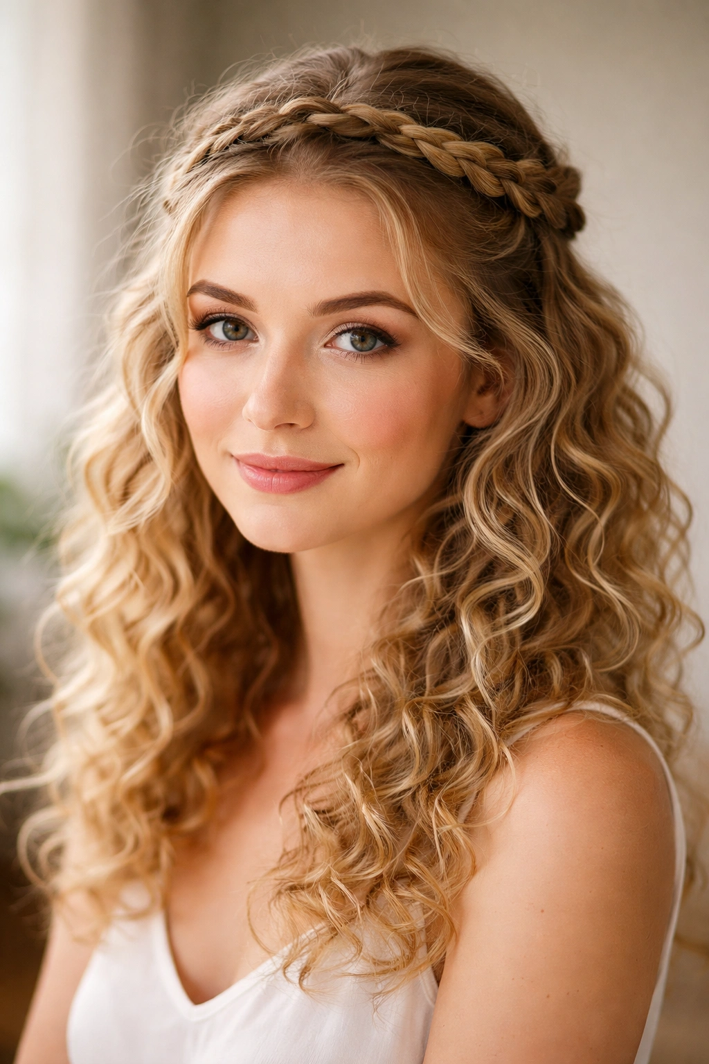 Crown braid across the crown with loose curls below