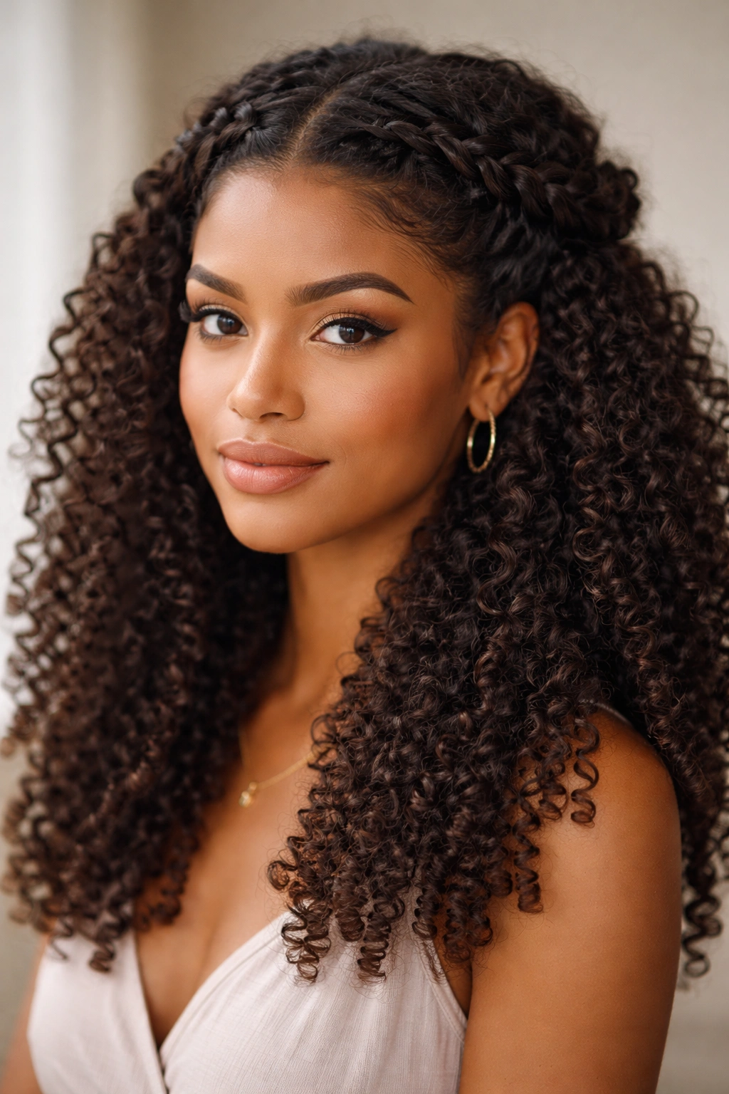 Head-and-shoulders view of half-up crown braid with curls cascading below