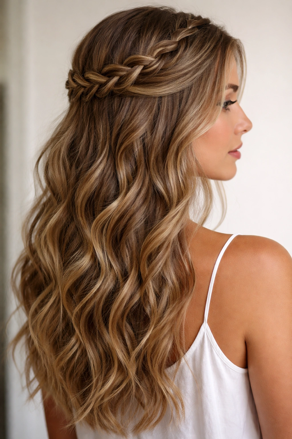 Half-up crown braid on top with loose waves below