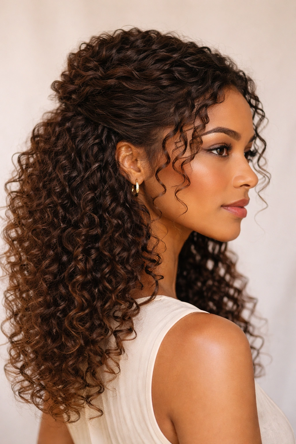 Half-up crown with upper curls secured and lower curls free