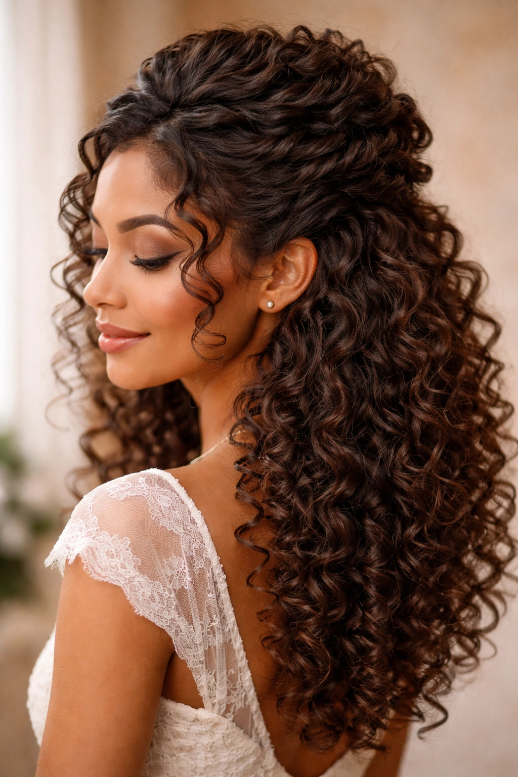 Romantic half-up crown with defined curls and loose curls down the back.