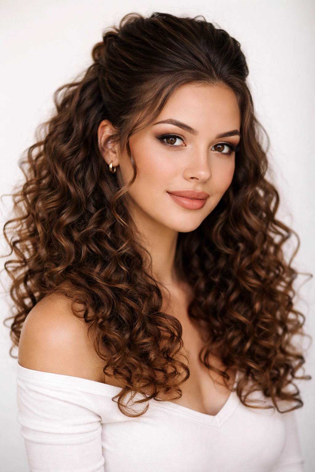 Half-up crown hairstyle with top pulled back and lower curls flowing