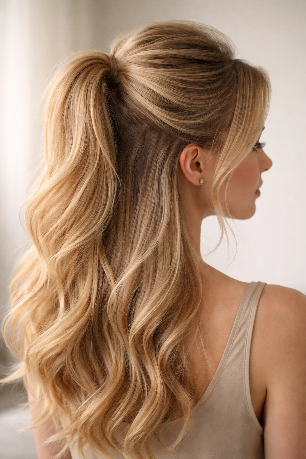 Half-up ponytail showing teased crown and mid-head fullness