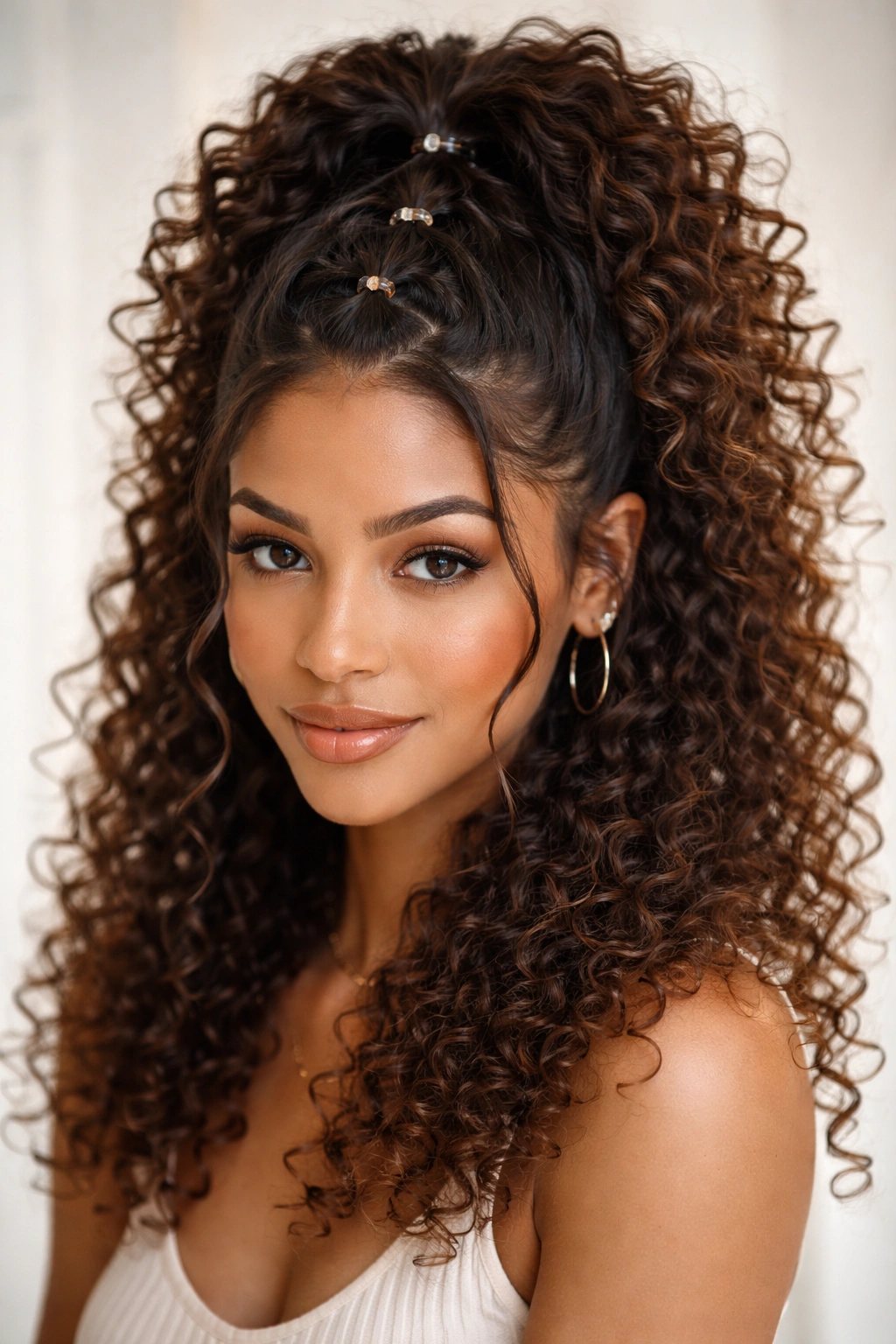 Half-up curly style showing upper banded section and flowing lower curls