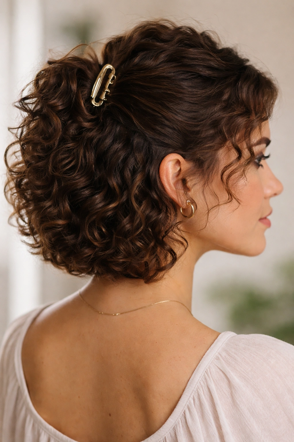 Half-up hairstyle on short curly hair with curved clip