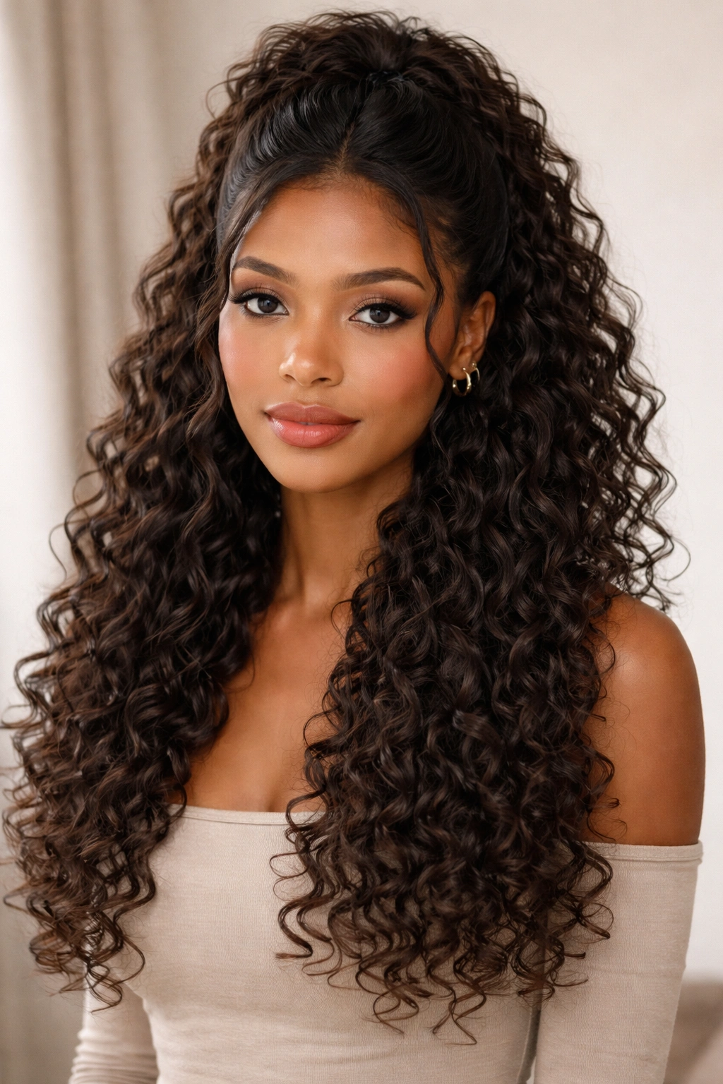 Close-up of half-up curls with clip-in extensions blended into lower half