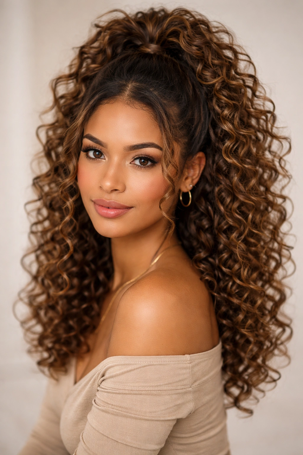Half-up hairstyle with upper gathered section and loose curls below