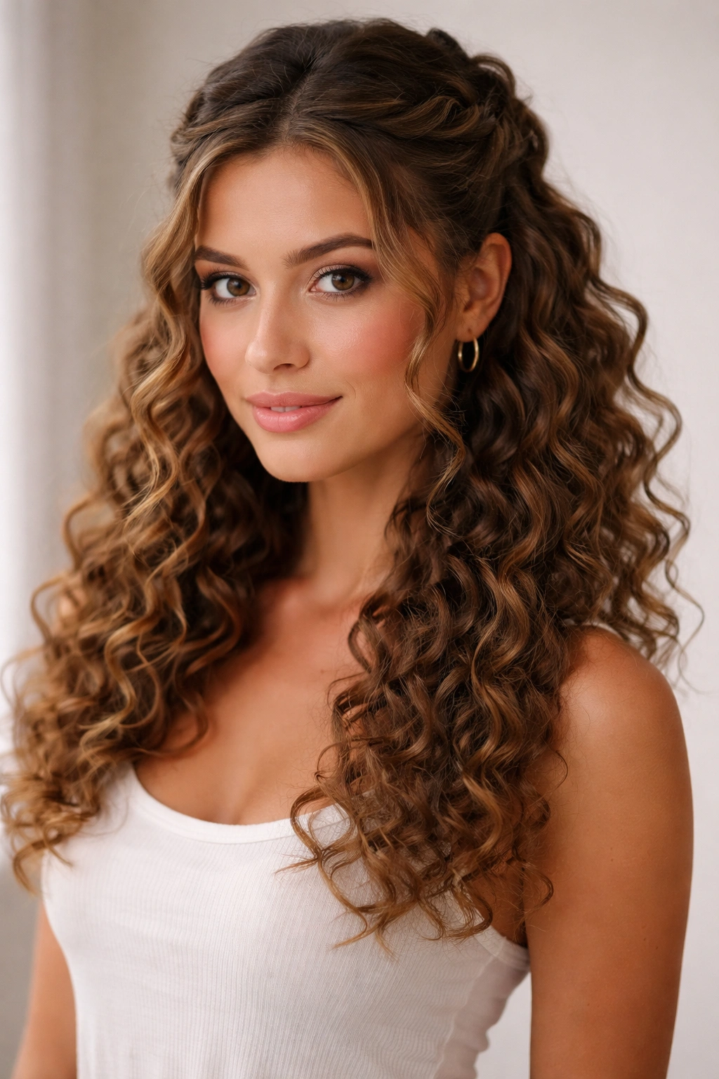 Face-framing half-up style with defined curls and pinned crown