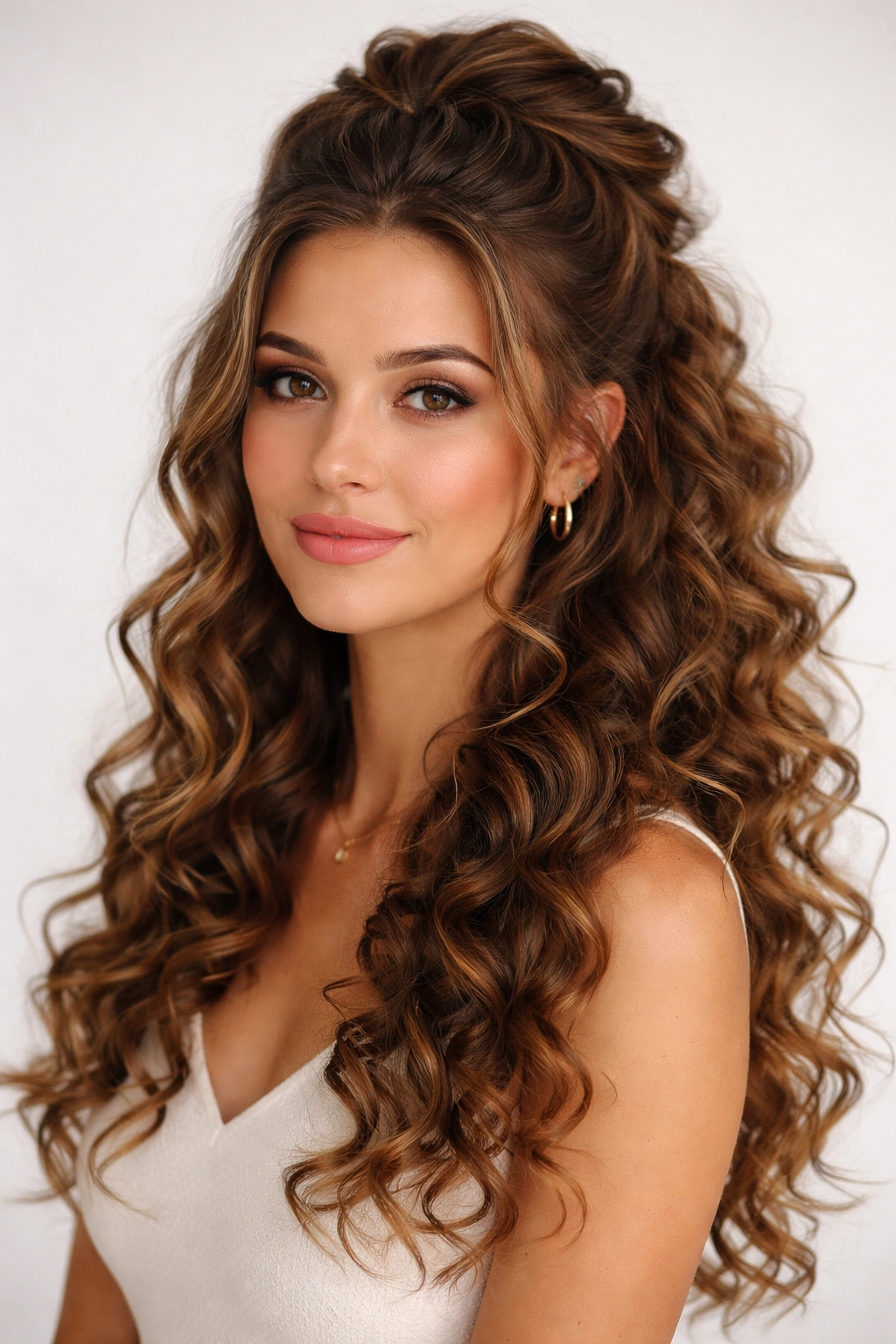 Half-up half-down curls hairstyle with top gathered section and flowing bottom curls