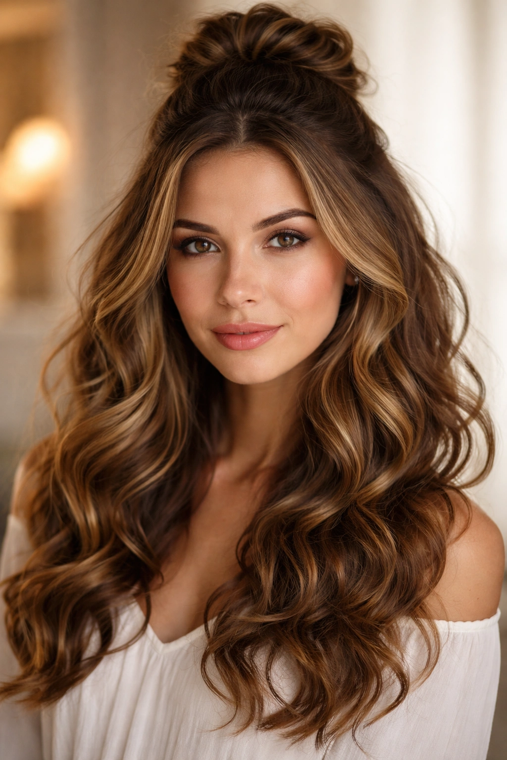 Half-up hairstyle with top section secured and loose curls below