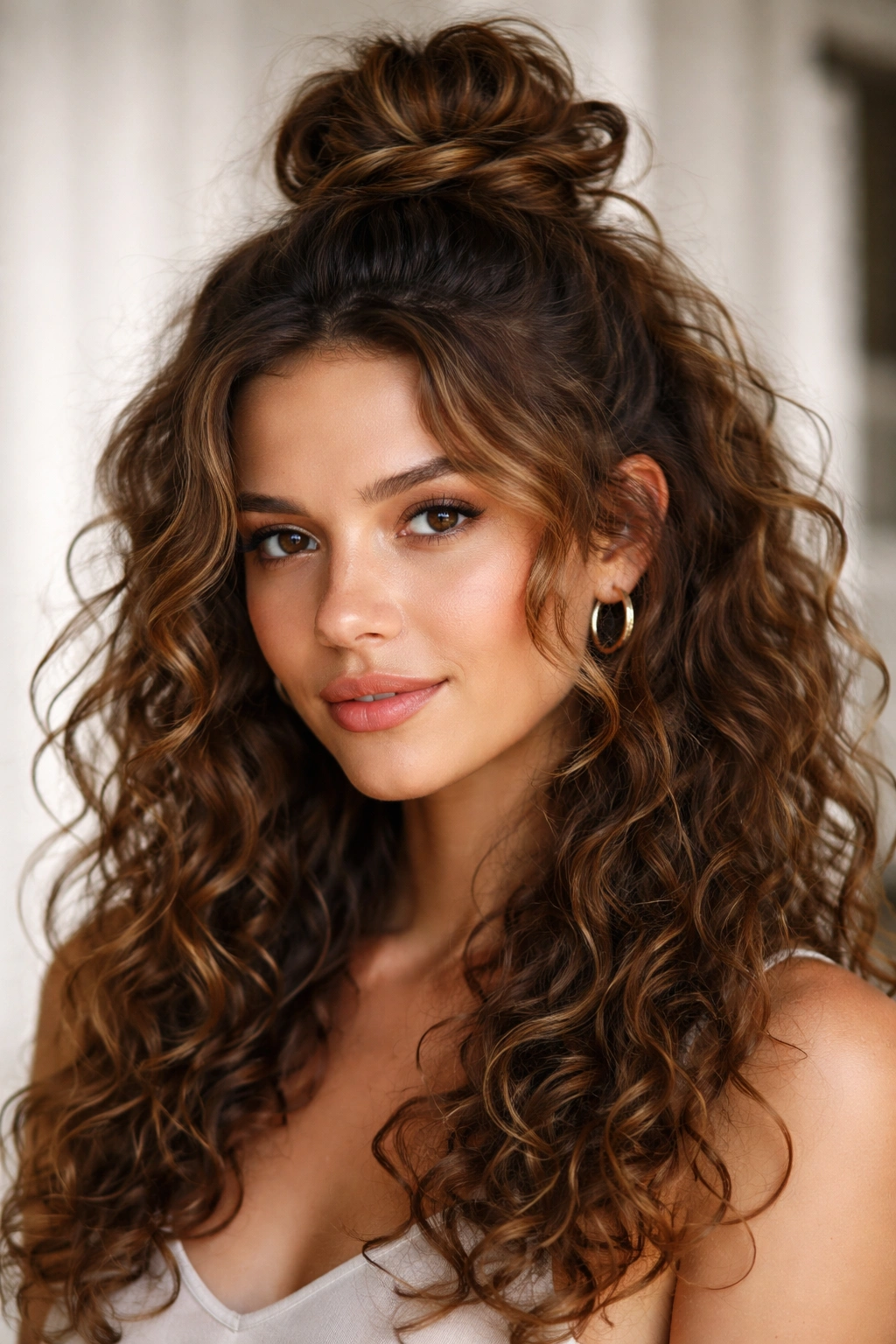 Close-up of half-up curly knot highlighting crown twists and natural texture