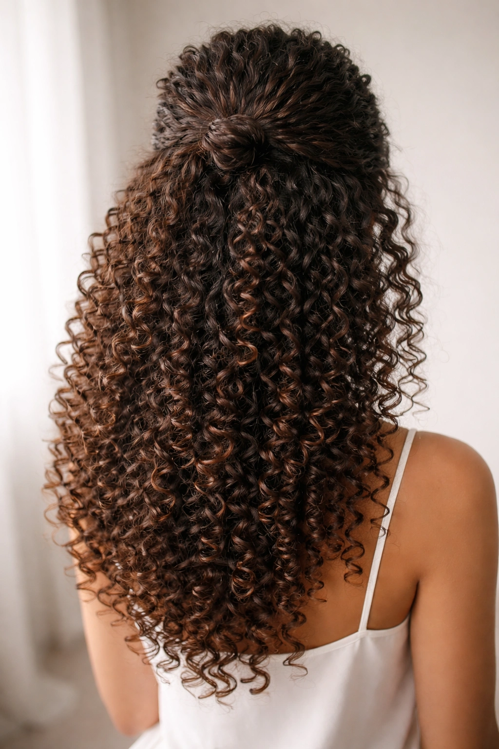 Half-up half-down hairstyle with layered ringlets on 3c curls