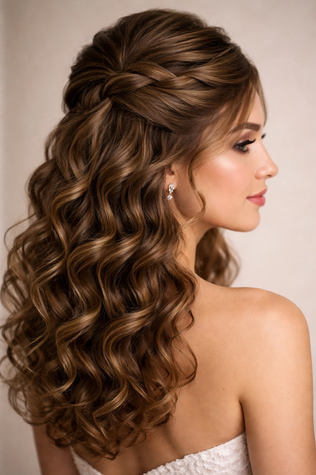 Half-up curly hairstyle with pinned crown and soft waves along shoulders