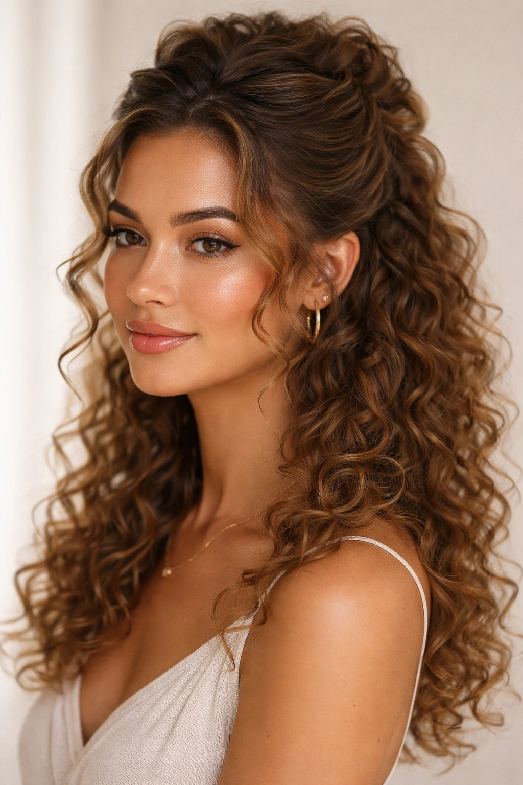 Close-up of a curly hairstyle in a romantic half-up half-down style with defined top and flowing bottom curls