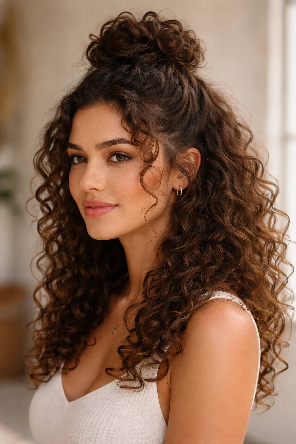 Half-up curly bun with top knot and cascading curls