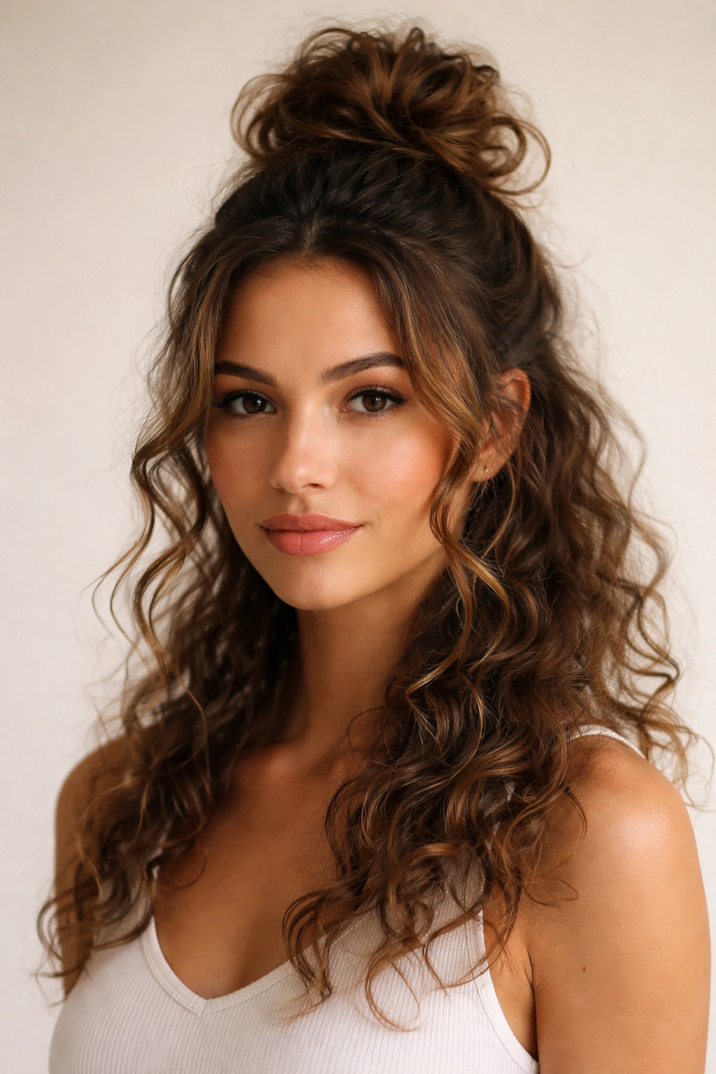 Half-up messy curly bun with loose tendrils framing the face