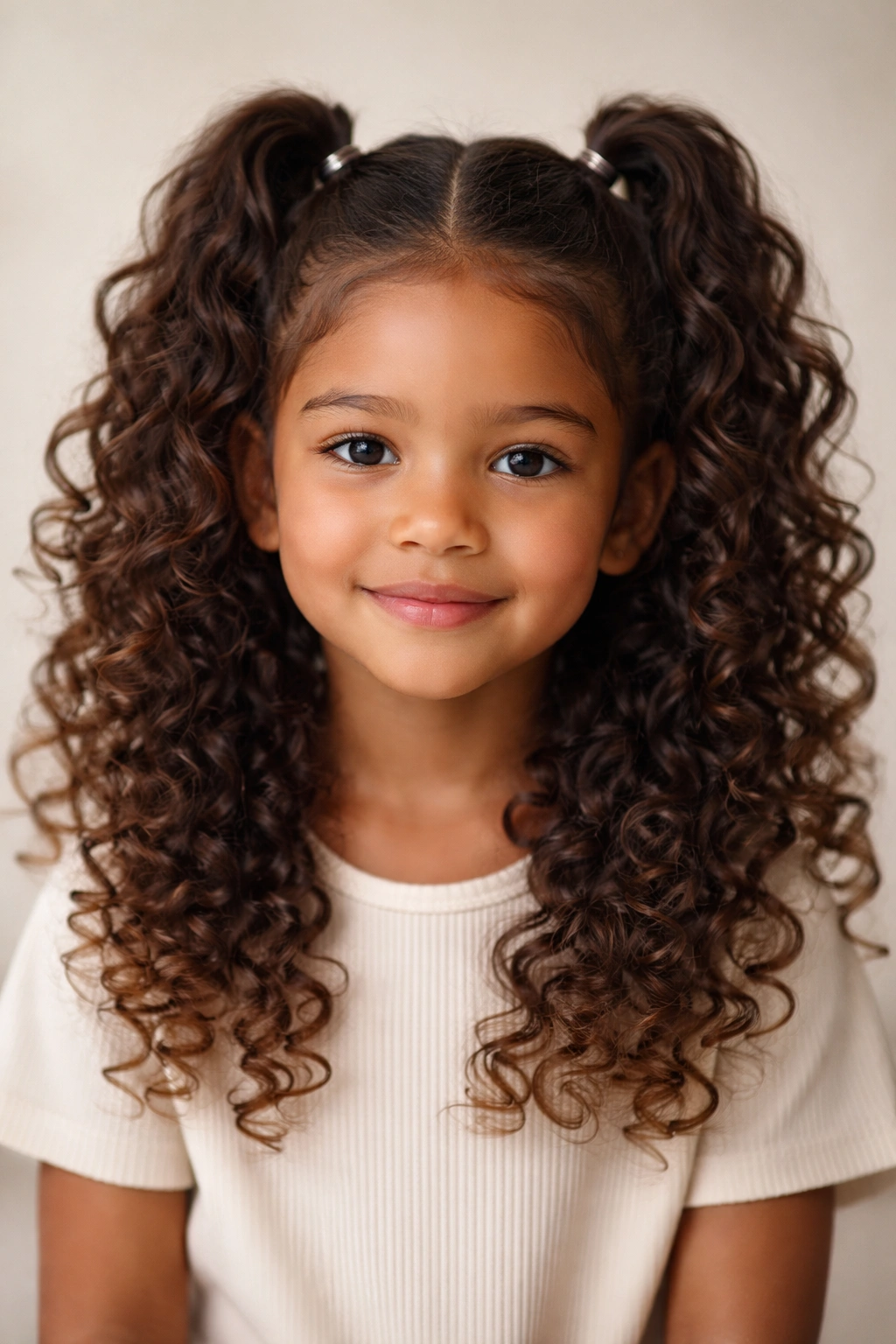 Child's half-up curly pigtails with the rest of the curls down