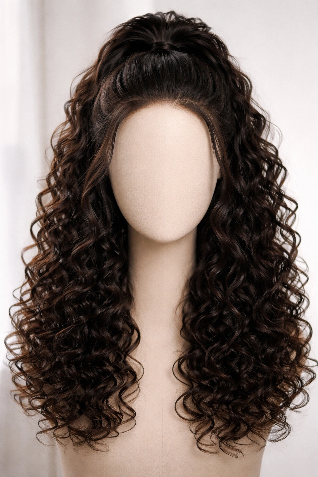 Front-facing wig with half-up curly style, top pulled back and bottom curls visible