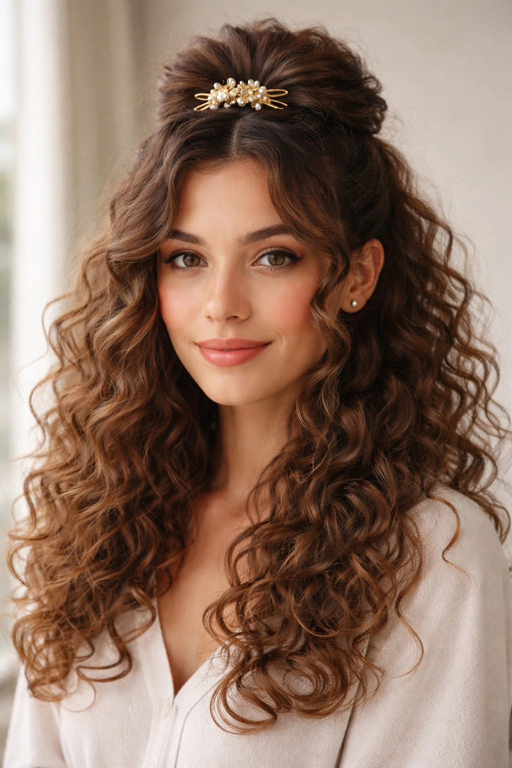 Front view of half-up hairstyle secured with a curtain clip, curls framing face