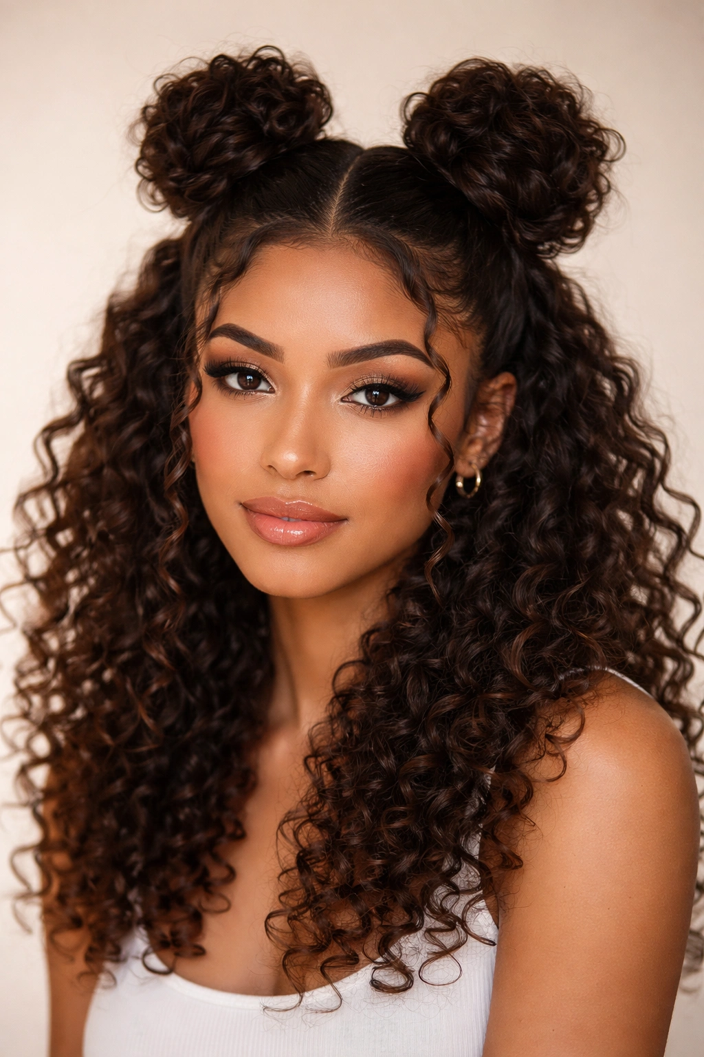 Front-facing portrait of half-up double buns on curly hair