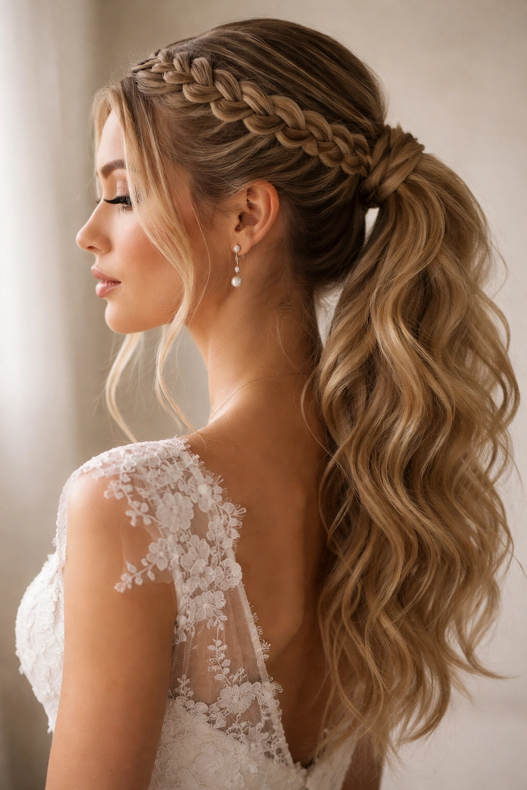 Two Dutch braids framing the face merging into a low ponytail