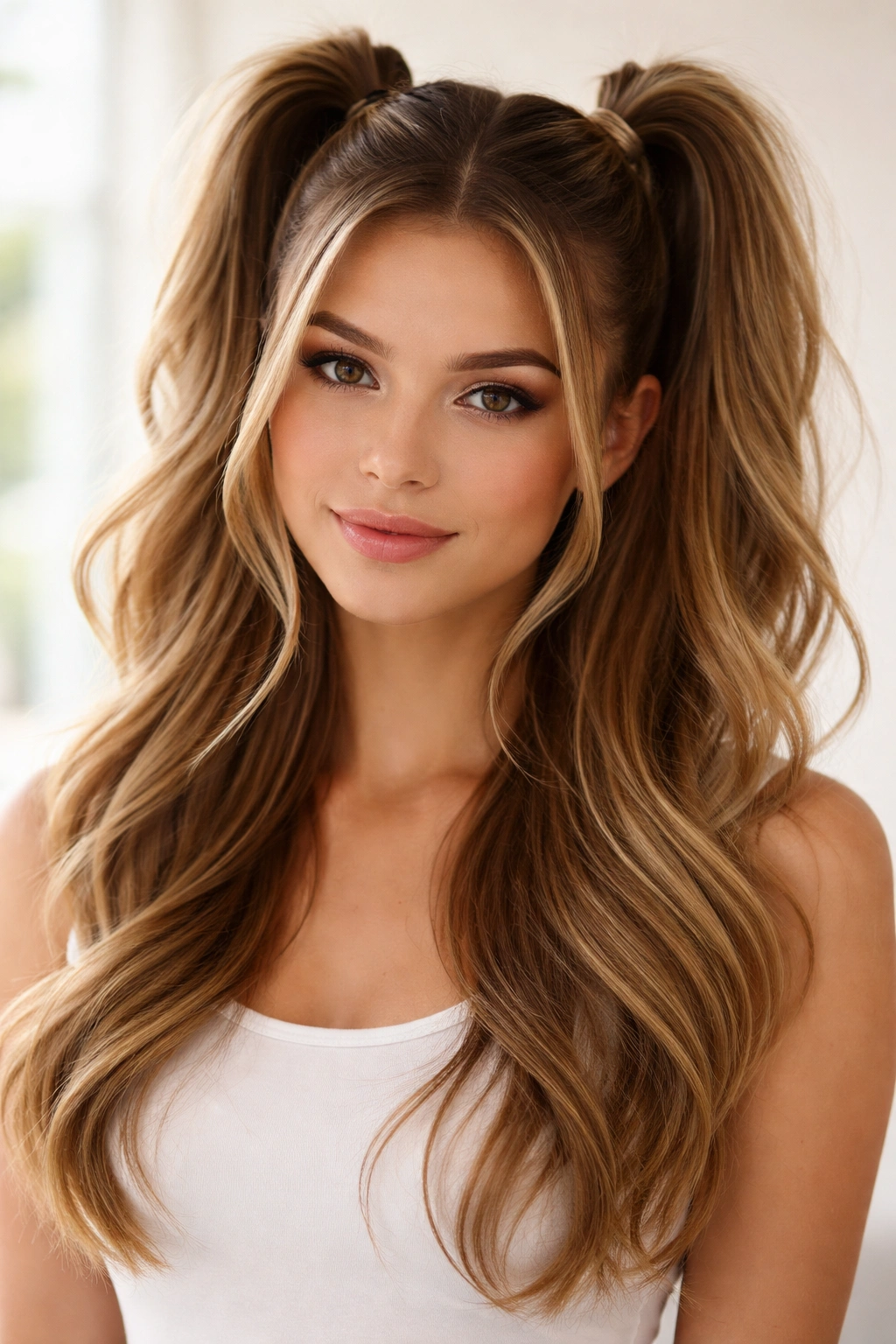 Two high half-up ponytails with long down hair, face soft framing