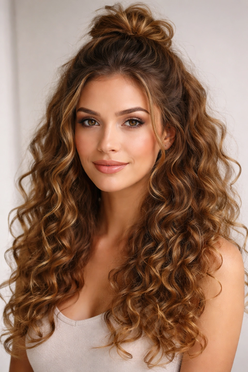 Half-up half-down curls with top knot and cascading curls
