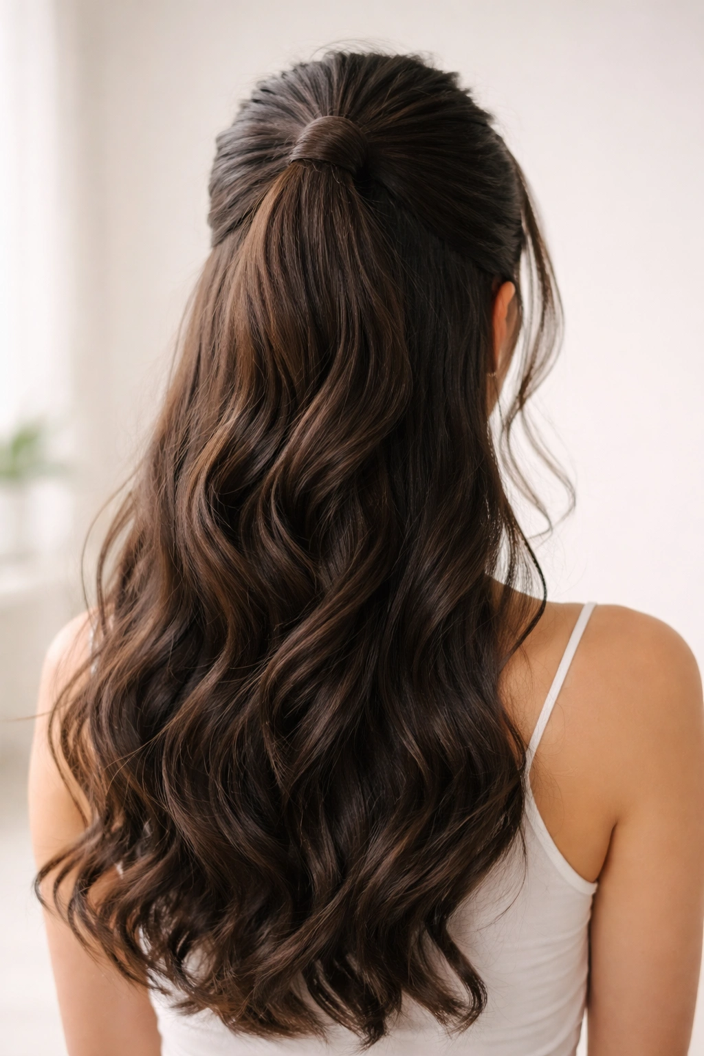 Half-up ponytail with top section secured by a drawstring and bottom hair left down.