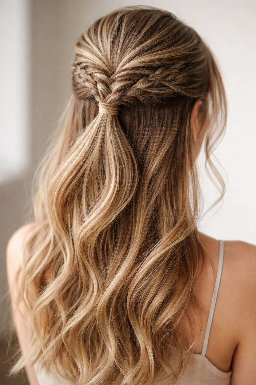 Close-up of a half-up fishtail ponytail with braided top and loose bottom hair.