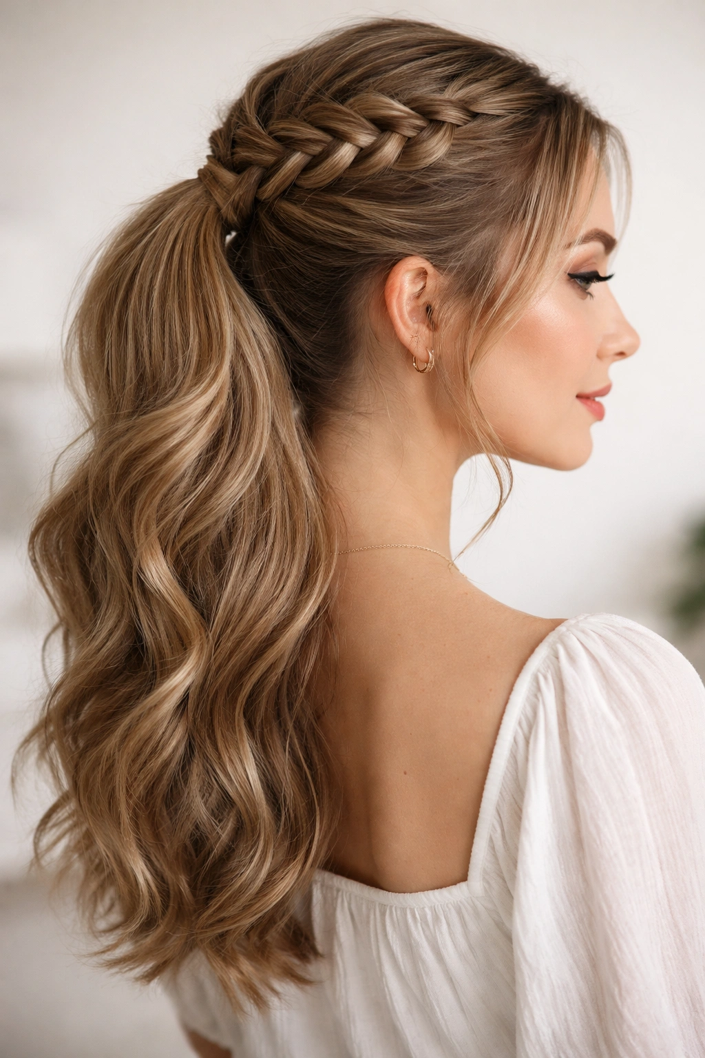 Half-up French braid forming a mid-back ponytail with face-framing hair